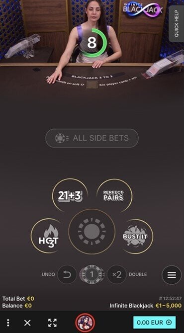 Understand how Evolution's Infinite Blackjack works, along with the four available side bets.