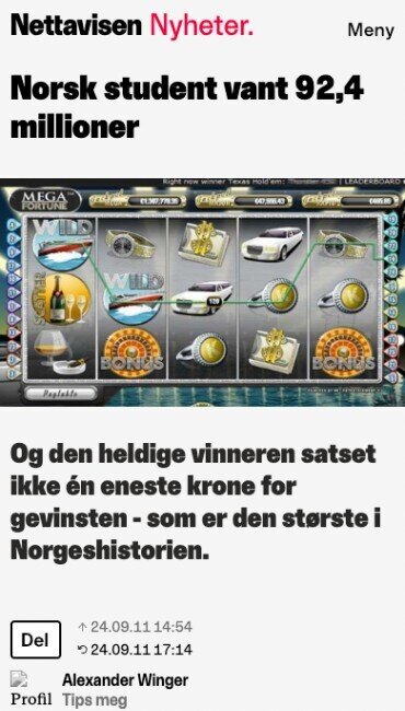Nettavisen nyhetsartikkel om norsk student som vant 92,4 millioner fra Mega Fortune