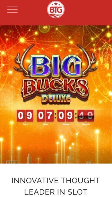 Skjermbilde av Big Time Gamings hjemmeside med nedtelling til lanseringen av Big Bucks Deluxe