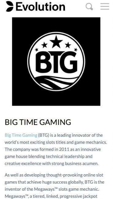 Skjermbilde av Big Time Gaming beskrivelse på nettsiden til Evolution