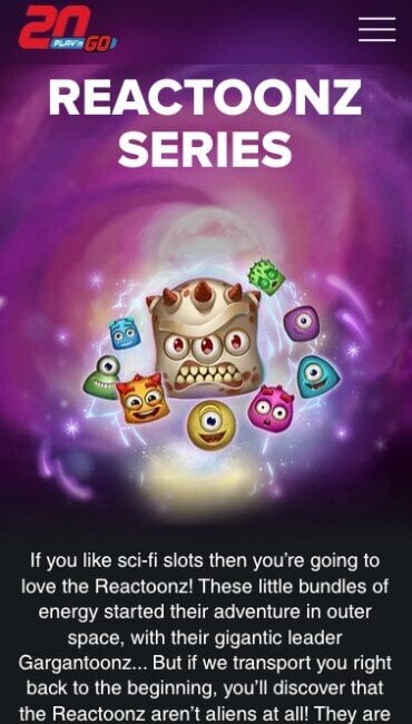 Skjermbilde av Reactoonz-serien på nettsiden til Play’n GO