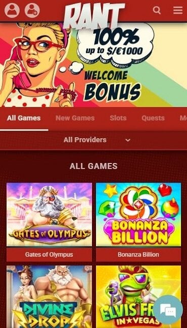 Screenshot of RANT Casinos welcome bonus.