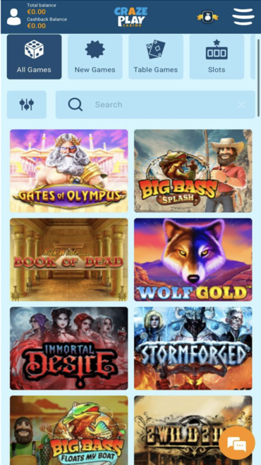 The different games that players can enjoy at CrazePlay.