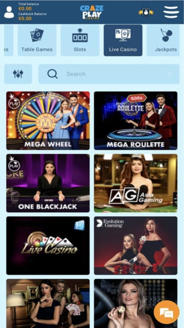 CrazePlay’s live casino, featuring game shows and table game variants.