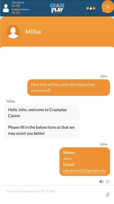 CrazePlay’s live chat customer support channel where players can connect with a human agent instantly.