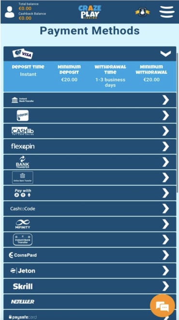 A list of CrazePlay payment methods with minimum deposit/withdrawal and processing time.