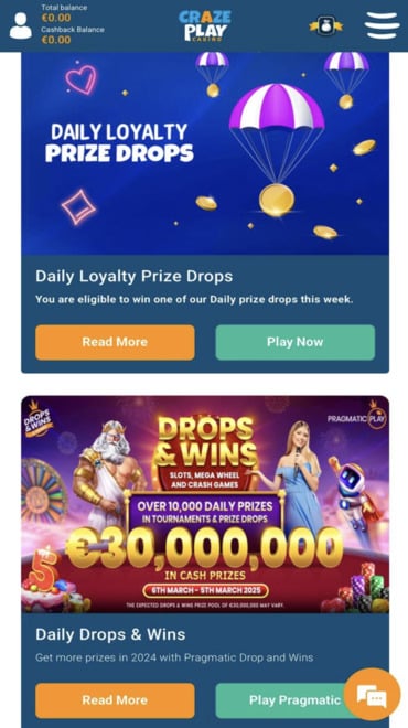 A range of bonuses and promotions that existing players can claim at CrazePlay.