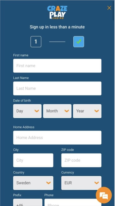 CrazePlay’s sign-up process which players need to complete to open an account.