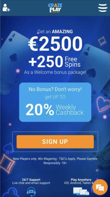 The welcome bonus at CrazePlay, available for all new players.