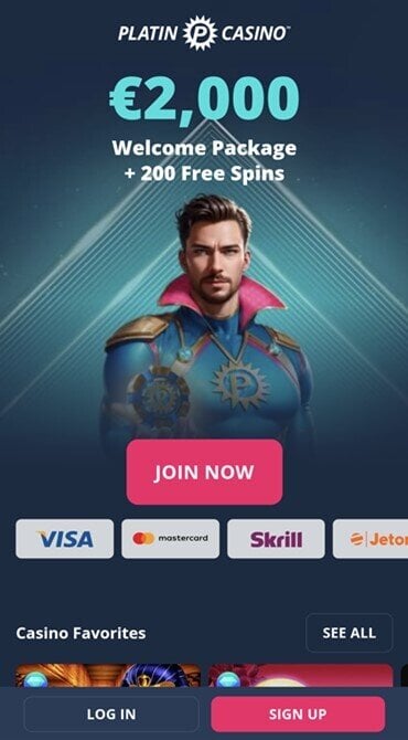 Check out the Platincasino homepage, with its sign-up button visible in the middle of the screen.