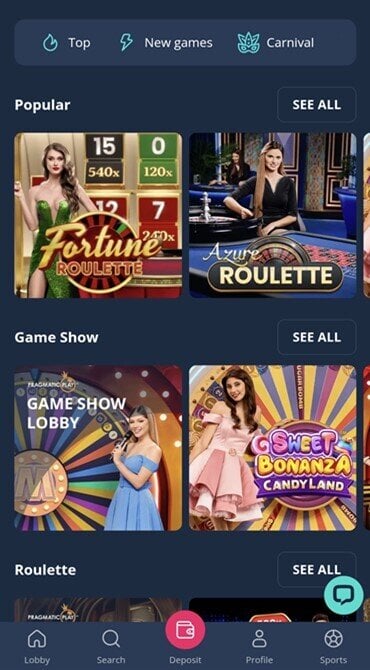 Platincasino's live casino library shows its categorization of classic table games, as well as live dealer gameshows.