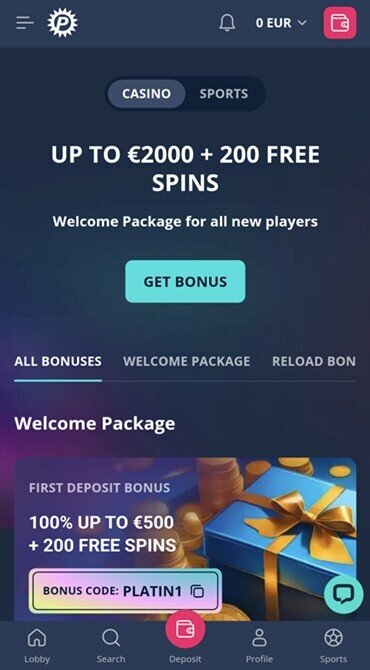 Here, you'll see Platincasino.com's promotions section, promoting its four-stage welcome bonus to first-time players.