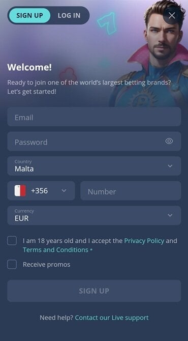 This is the main part of the registration form, with email address, mobile number and preferred currency needed to open a Platincasino account.