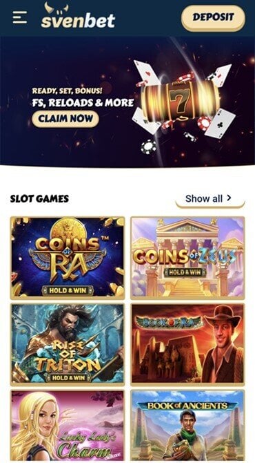 The Svenbet homepage displays the latest welcome bonus, along with its most popular slot titles.