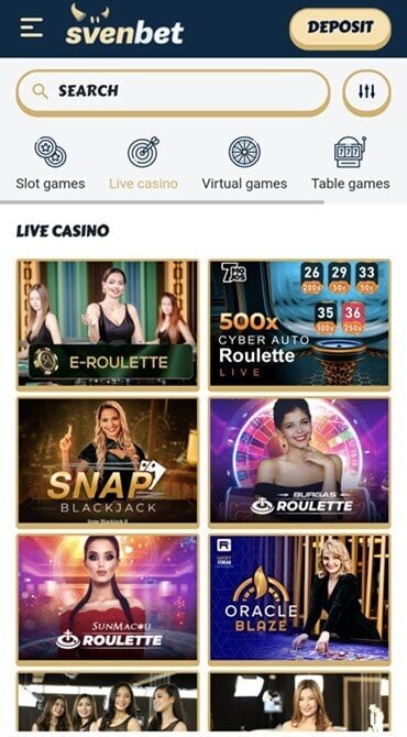 Get a glimpse of the latest live dealer casino games at Svenbet, including blackjack and roulette variants.