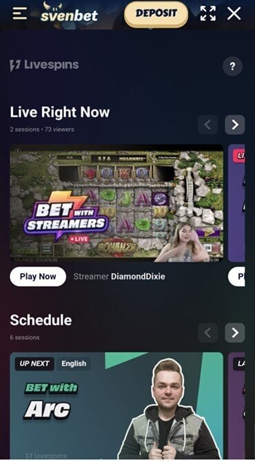 Browse the latest live streamers showing game sessions at Svenbet.