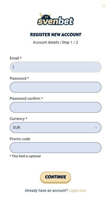 This is the first part of the Svenbet registration form, requiring email address and password.