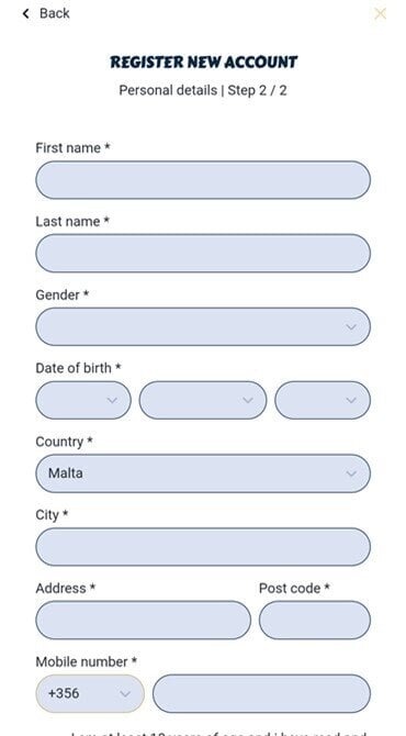 View the second and final part of the Svenbet registration form requiring your full name, address, date of birth and more.
