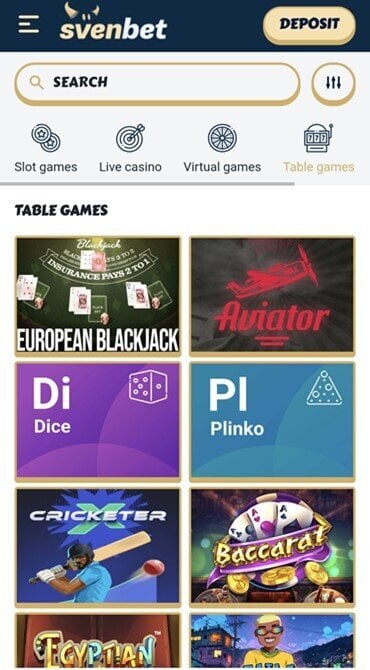 This screen shows the latest table games at Svenbet, including the on-trend crash games like Aviator.