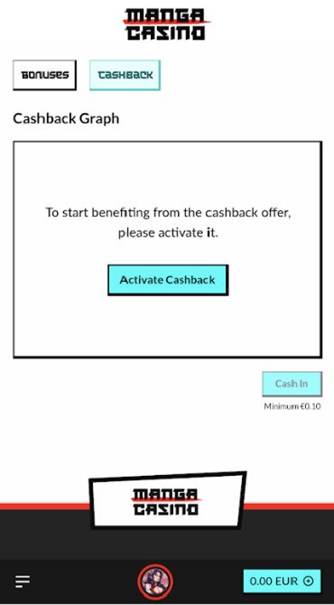A screen grab showing how to activate the Manga Casino cashback offer