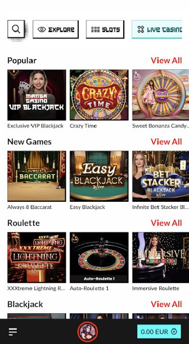 A screen grab showing the current Manga Casino live dealer game library