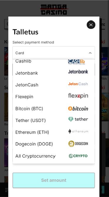 A screen grab showing the final batch of deposit options at Manga Casino