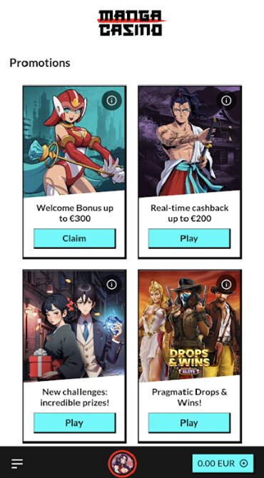 A screen grab of the latest Manga Casino bonuses