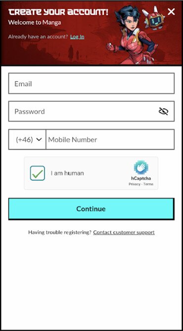 A screen grab of the first step of the Manga Casino sign-up form