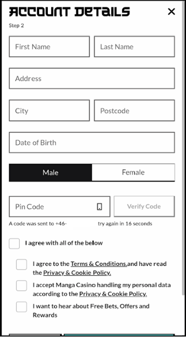 A screen grab of the second step of the Manga Casino sign-up form