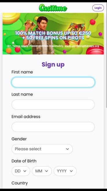 Screenshot of Casilime Casinos registration process.