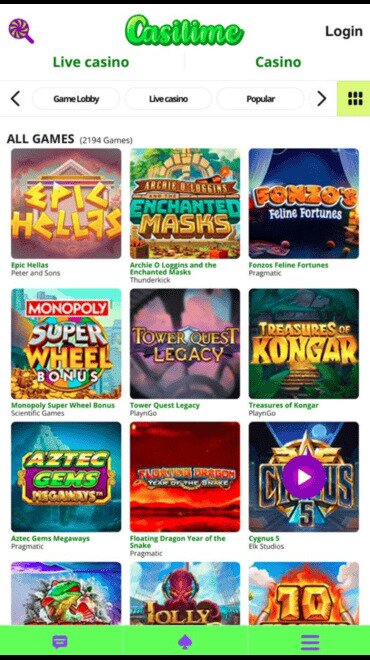 Screenshot of Casilime Casinos game library.