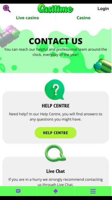 Screenshot of Casilimes live chat customer support and help centre.