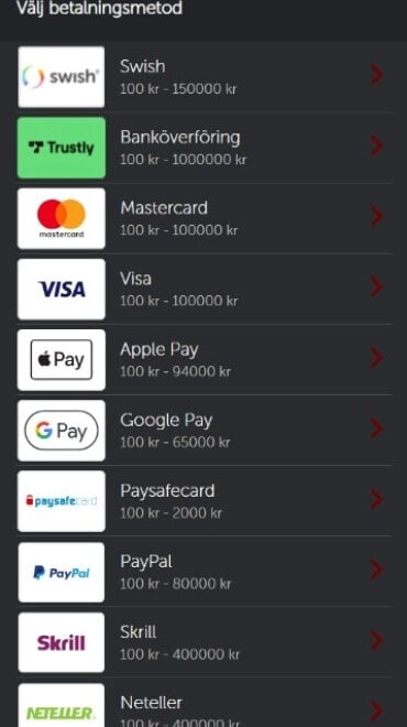 Stort utbud av betalmetoder hos Betsafe