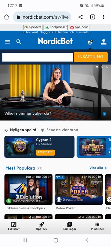 Screenshot från Nordicbets livecasino