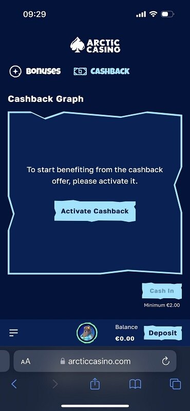 Arctic Casino Cashback page