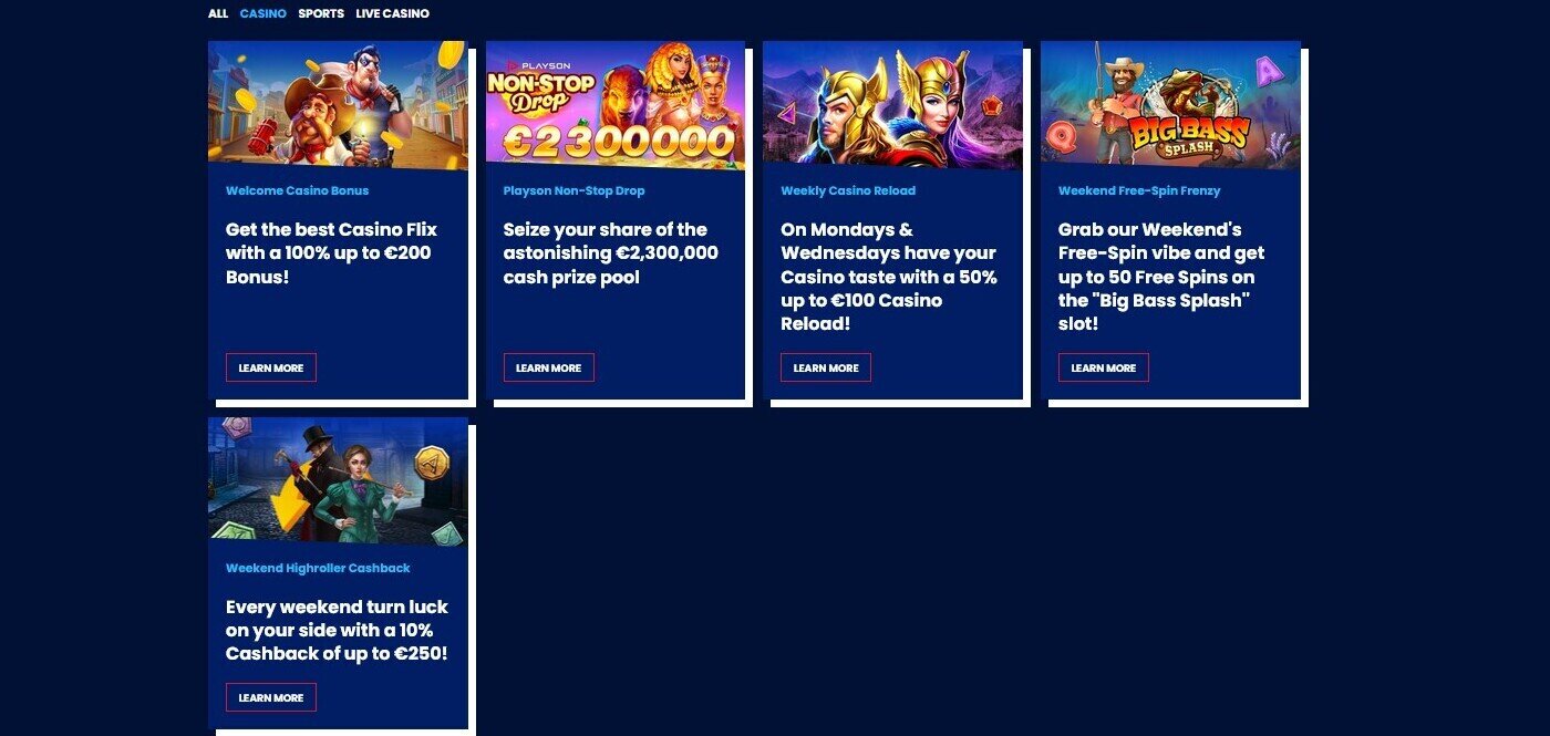 Screenshot of the bonus offers from BetnFlix
