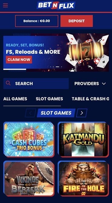 This is the BetNFlix homepage, which puts its slot and table games at the front and center of its user interface.