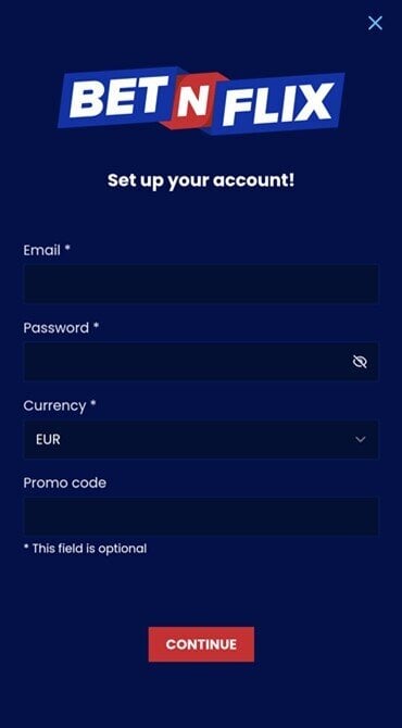 Here is the first stage of signing up for a BetNFlix account, with email address, password, and preferred currency required.