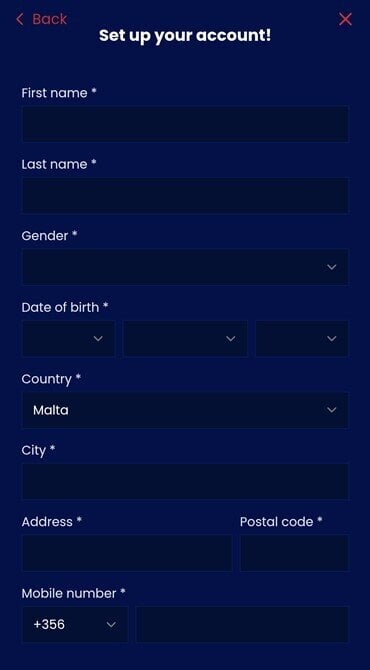 Work your way through the second stage of the BetNFlix account registration process, including your name, date of birth, and address.