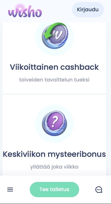 Wisho tarjoaa muun muassa Cashback bonuksia ja mysteerikierroksia