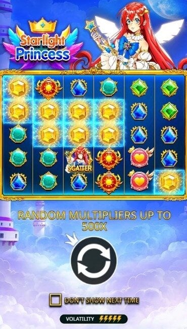 The intro to Starlight Princess by Pragmatic Play, demonstrating how wins are made with text explaining bonus features.