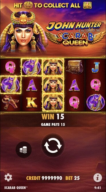 Here is an example of a base game spin and win in John Hunter and the Tomb of the Scarab Queen.