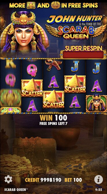 Land three Scatter symbols to trigger eight Free Spins on the reels of John Hunter and the Tomb of the Scarab Queen.