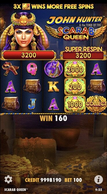 Here’s an example of the Money Collect feature during our Free Spins Bonus in John Hunter and the Tomb of the Scarab Queen.