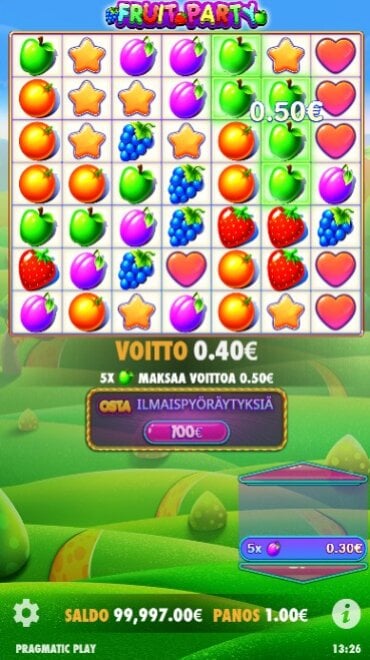 Tältä näyttää voitto Fruit Partyn peruspelissä