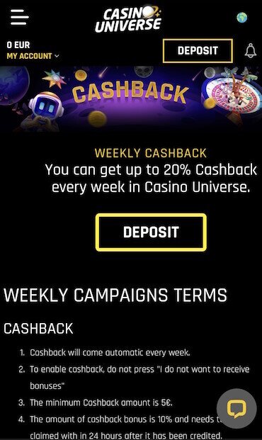 casino universe cashback bonus