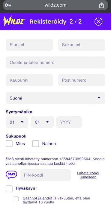 Wildz rekisteröityminen 2