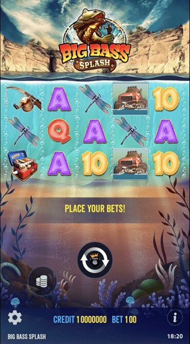 The 5x3 reel grid of the Big Bass Splash slot is set underwater with the rugged coastline in sight.