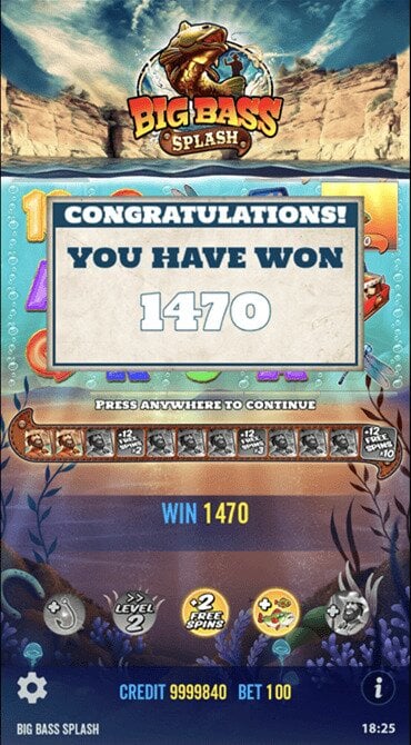 This is the screen at the end of the Free Spins bonus in Big Bass Splash showcasing the total win of the feature.