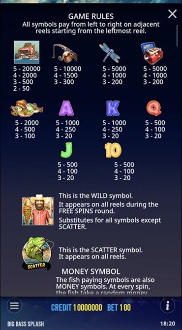 Check out the multipliers attached to each base game symbol on the reels of the Big Bass Splash slot.